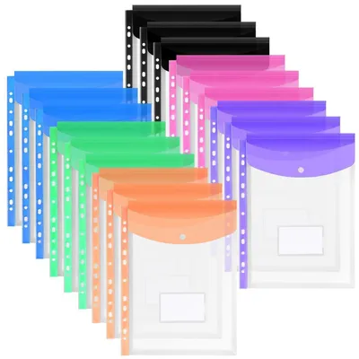 Image de Pochettes de documents A4, lot de 18, transparentes, avec bouton-pression, 11 perforations, ensemble de 6 couleurs