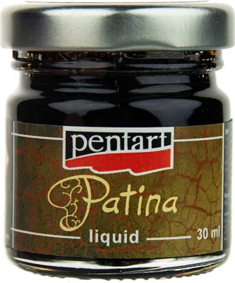 A small glass jar of PENTART Patina liquid with a silver lid and a label.
