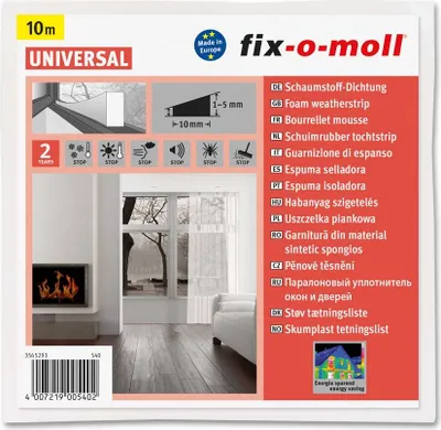 The image shows the packaging of a foam weatherstrip product, with a lifestyle image of a window and fireplace on the packaging.