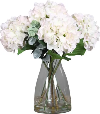 Produktbild von aplanta Künstlicher Hortensienstrauß - Stilgar | 40 cm in Glasvase mit künstl. Wasser, inkl. Vase, für drinnen, Kunstblume, wie echt, Allergiker geeignet, pflanzliche Dekoration Praxis, Office & Wohnzimmer