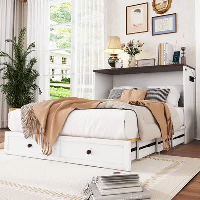 Image de Lit escamotable avec tiroirs, prise USB, étagère et capacité de charge de 204kg, sans matelas，140 x 200cm, blanc