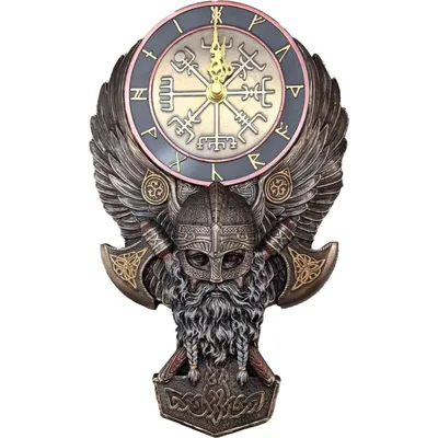 A decorative wall clock with a Viking theme.