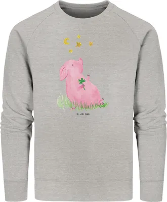 Produktbild von Mr. & Mrs. Panda Baumwoll Pullover Schwein Glück Größe S - Heather Grey - Geschenk, Lustige Sprüche, Glücksbringer, Motivation, Sweatshirt, Träume, Ziele, Sweater, Sterne