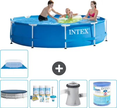 Produktbild von Intex-Schwimmbecken mit rundem Rahmen – 305 x 76 cm – Blau – im Lieferumfang enthalten Abdeckung - Wartungspaket - Filterpumpe für Schwimmbad - Filter - Bodenplane
