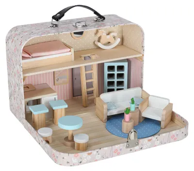Productafbeelding van Poppenhuis in een koffer, met houten accessoires en meubels