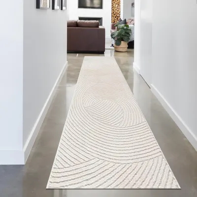 Image de Tapis moderne Doux, facile d'entretien & élégant avec motif ondulé haut-bas en crème Taille - 80 x 300 cm