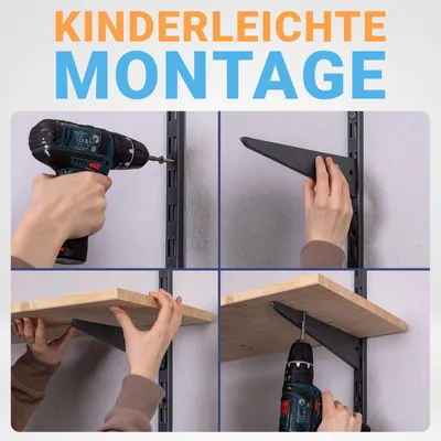 A collage of four images showing the step-by-step assembly of a shelf system.