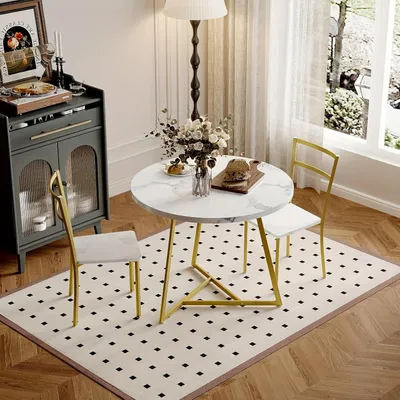 Immagine prodotto di Set da pranzo - Tavolo da pranzo - Set per sala da pranzo - Tavolo da cucina - Gruppo sedute - Tavolo rotondo da 80 cm - 2 sedie imbottite