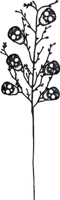 Produktbild von Schwarzer Zweig mit Schwarz glitzernden Totenköpfen als Deko 68cm