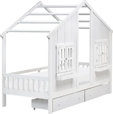 Produktbild von BELIANI Kinderbett Weiß Kiefernholz mit Lattenrost 90x200 cm 2 Schubladen Schutzgitter Hausform Modern Schlafzimmer Möbel Einzelbett Jugendbett