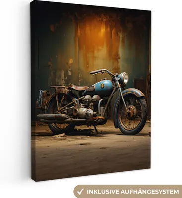 Produktbild von MuchoWow® - Leinwandbilder - Vintage - Motorrad - Blau - Alt - Garage, Wandbild, Wanddeko Bilder Wohnzimmer, 30x40 cm