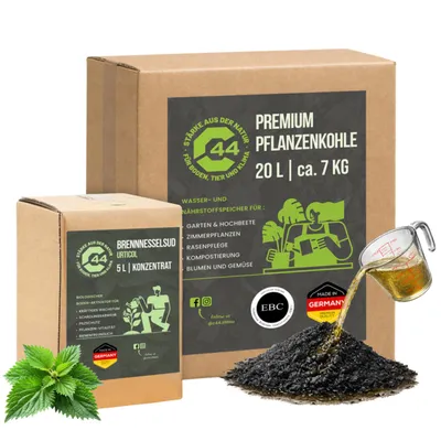 Produktbild von C44 Pflanzenkohle Aktivierungsset | Brennnesselsud + Premium Pflanzenkohle Bundle - 20L + 5L