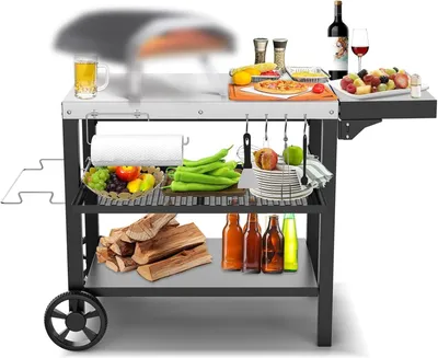 Produktbild von Edelstahl-Grilltisch, Grillwagen mit 3 Ebenen, Pizzabackofen-Ständer, Grilltisch für den Außenbereich, Werkwagen mit 4 Haken, Serviertablett für den Außenbereich, Beistelltisch