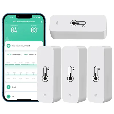 A smartphone displaying a temperature and humidity app, alongside several wireless temperature and humidity sensors.