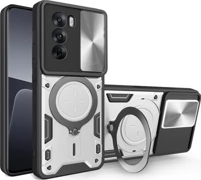 Produktbild von Handyhülle für Oppo Reno12 Dual-Layer Stoßfest Rüstung Hülle mit Dia Kameraschutz und Kreisförmig Ring Ständer Silber