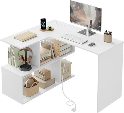 Produktbild von Eckschreibtisch mit Regal, Schreibtisch L Form aus Holz, mit 2 Steckdosen, 120x100x75 cm, für Büro Schlafzimmer Arbeitszimmer, Weiß