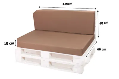 A pallet sofa with beige cushions, shown with dimensions indicated by text overlays.