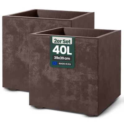 Produktbild von 2er Set Pflanzkübel „Millennium“ 39x39x39 cm - Braun - UV- & Frostfest - Eckig - Mit Wasserspeicher - Natursteinoptik - Indoor & Outdoor