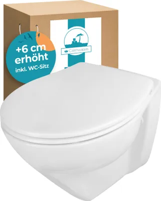 A white wall-mounted toilet with a closed lid, shown in front of a cardboard box. A circular sticker with text and graphics is attached to the box.