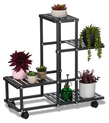 Produktbild von Blumenständer auf Rollen, H x B x T: 60,5 x 61,5 x 26 cm, Metall, 4 Ablagen, Zimmerpflanzenständer, schwarz