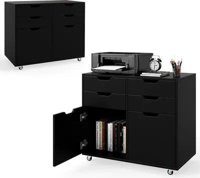 Produktbild von KOMFOTTEU Aktenschrank mit 5 Rollen, Rollcontainer mit 4 Schubladen & 2 Schränken mit Türen, Bürocontainer aus Holz, Schubladenschrank Bürowagen Druckertisch für Büro, Wohnzimmer (Schwarz)