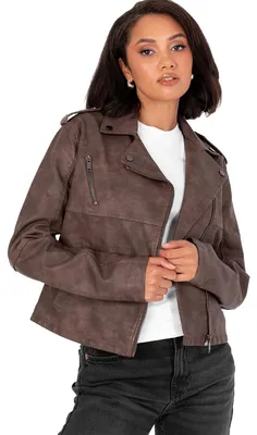 Productafbeelding van Lovedrobe dames bikerjas, zachte imitatieleer, PU, met gestikte kraag, distressed look