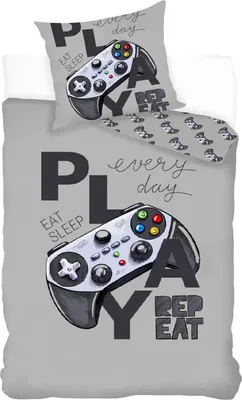 A duvet cover and pillowcase set with a gaming theme.