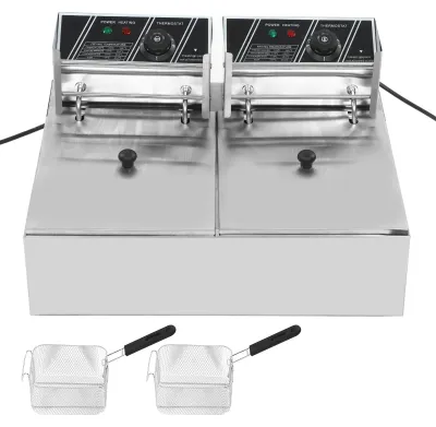 Zdjęcie produktu dla Frytkownica elektryczna – podwójny kosz ze stali nierdzewnej, do montażu na blacie, regulowana temperatura, wtyczka UE, 220 V, 1700+1700 W