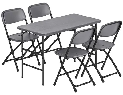 Immagine prodotto di Set Tavolo Regolabile 118x60x74 cm e 4 Sedie da Giardino Pieghevoli in HDPE Effetto Legno Grigio Scuro