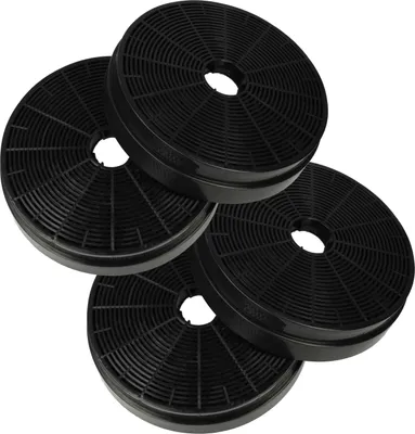 A set of four black circular charcoal filters for a range hood, arranged in a staggered pile against a white background.
