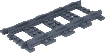 A close-up, isolated shot of a dark gray LEGO train track piece against a white background.