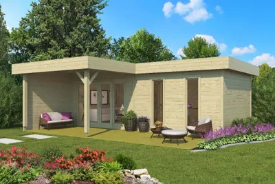 Produktbild von Lasita Maja Gartenhaus Brava 2 ISO Gartenhaus aus Holz, Holzhaus mit 44 mm Wandstärke inklusive Terrasse, Blockbohlenhaus mit Montagematerial