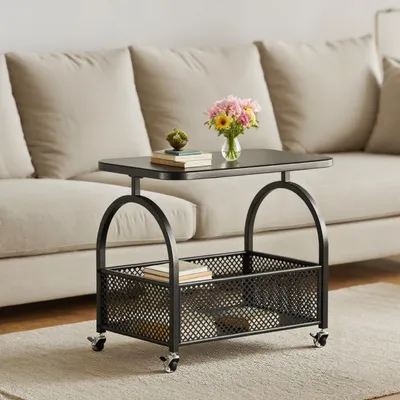Produktbild von Couchtisch Beistelltisch Nachttisch, Sicherheitsglasplatte + Metallrahmen 56.5cm auf 360° Rollen, für Wohnzimmer/Schlafzimmer/Freizeitbereich, Schwarz