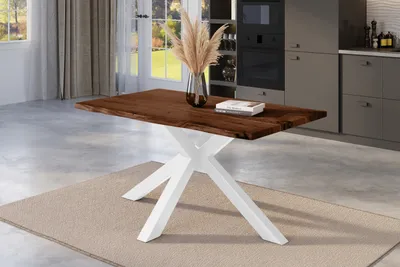 Produktbild von Esstisch Baumkante massiv Akazie nussbaum 160 x 85 cm Spider-Gestell weiß KALEA
