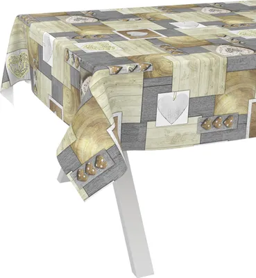 Produktbild von Tischdecke Patchwork Holz Herz Natur 2000x140cm Schnittkante Wachstuch abwaschbar