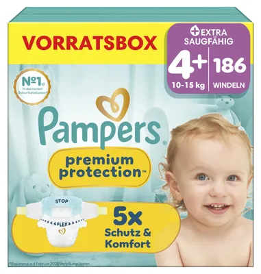 Produktbild von Pampers Premium Protection Größe 4+, 186 Windeln, 10kg-15kg – Größe Size4+_PPTVorratsbox, Premium Protection Taped MSB/Vorratsbox