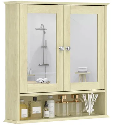 Image de Armoire de salle de bain avec miroir - Meuble suspendu avec 2 portes - Étagère ouverte et réglable - Montage mural - 56 x 13 x 58 cm - Bois naturel