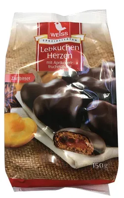 Produktbild von Weiss Lebkuchen Herzen mit Zartbitterschokolade überzogen 150g
