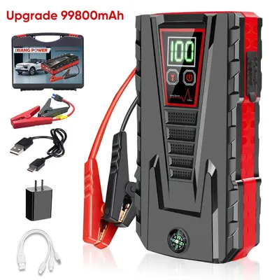 Obrázek produktu pro Startovací pomoc pro auto – 12V startovací powerbanka – startovací proud 2500 A – 99 800 mAh, 4 články – až 6,0 l – USB 5 V/2 A – vylepšená verze