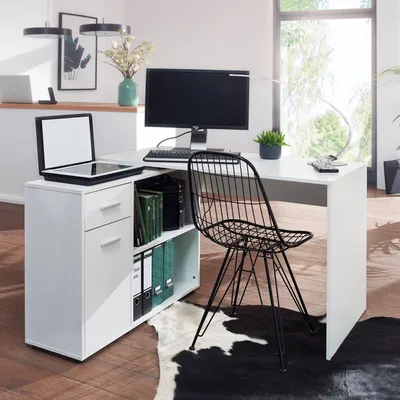 Produktbild von WOHNLING Eckschreibtisch mit Regal Weiß 120 x 75,5 x 106,5 cm Moderner Büro-Schreibtisch Computer-Tisch Arbeitszimmer Winkelschreibtisch Home Office