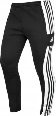A pair of black Adidas training pants with white stripes on the side.