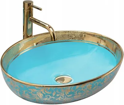 Produktbild von Waschbecken Waschplatz Keramikspüle Blau + Gold Waschtisch Runden Oval 40x52cm