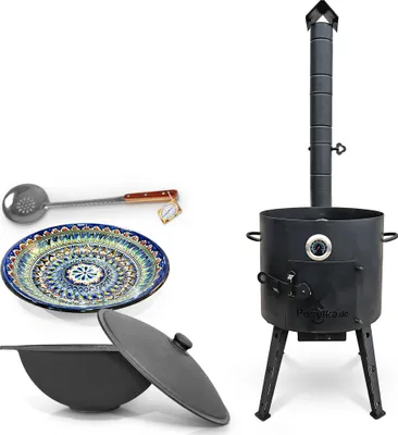 Produktbild von Utschak Uchag Feuerofen 40 cm 2 mm mit Usbekische Kazan 12 L Schaumlöffel Lagan