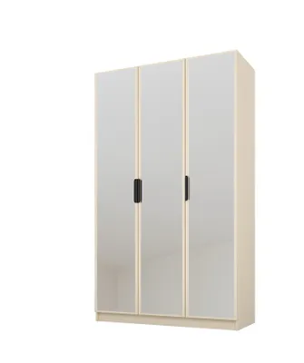 Immagine prodotto di PAWS MOBEL Armadio inclinabile beige 150x52x200 cm, armadio a tre ante aperto con specchi sui frontali, ripiani e appendiabiti