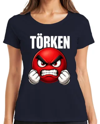 Produktbild von TÖRKEN wütender Emoji rot geballte Fäuste Comic Damen T-Shirt roter Smiley Comic grunge, Navy, L