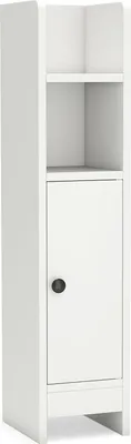 A white, narrow bathroom cabinet with a single door and an open shelf above.