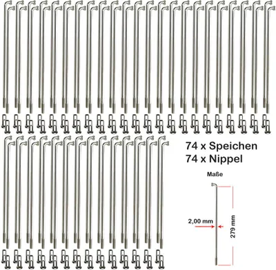 Produktbild von 74 Stück Speichen 279mm Spokes silber VERZINKT 2mm inkl. Messing Speichennippel