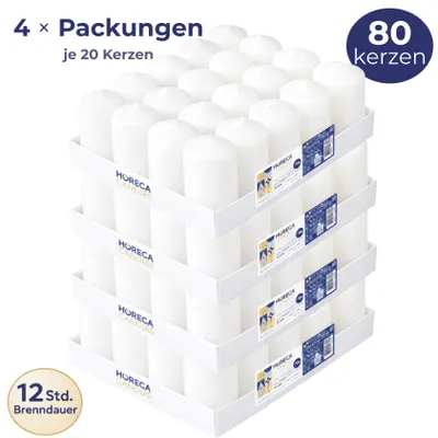 Produktbild von HORECA CANDLES Stumpenkerzen Weiß Ø4x7 cm 80er Set – Brenndauer ca. 12h – Raucharm & Duftfrei – Blockkerzen für Haushalt, Events & Gastronomie