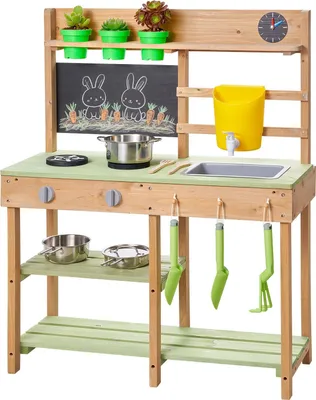 Produktbild von Kinderküche Spielküche - Outdoor-Holzküche Matschküche - Mit Herd, Wassertank, Spüle - Inkl. Kochgeschirr & Zubehör - Ab 3 Jahren - 76,2 x 32,4 x 91,4 cm