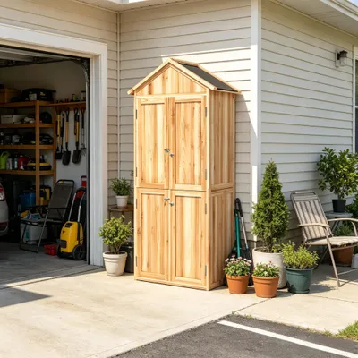 Productafbeelding van Tuinkast van hout 82 x 50 x 190 cm, hoge buitenkast met asfalt dak, 2 uitneembare legplanken, aparte boven- en onderdeur, magneetsluitingen en natuurlijke houtafwerking